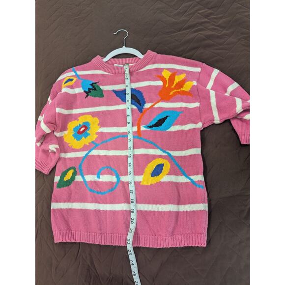 VINTAGE 1980s Short sleeve pink & white striped sweater w/floral graphic knit S - Picture 8 of 8